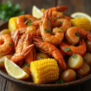 Seafood boil sauce drizzled over a platter of boiled shrimp, crab, and corn on the cob, garnished with fresh parsley and lemon wedges.