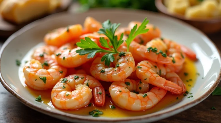 Garlic butter red shrimp served with fresh parsley, crusty bread, and pasta.